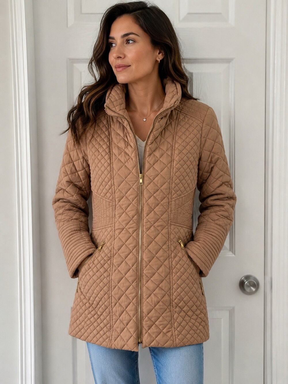 ROYALTY FOR ME QUILTED WOMANS FAUX FUR LINED JACKET BEIGE SZ M